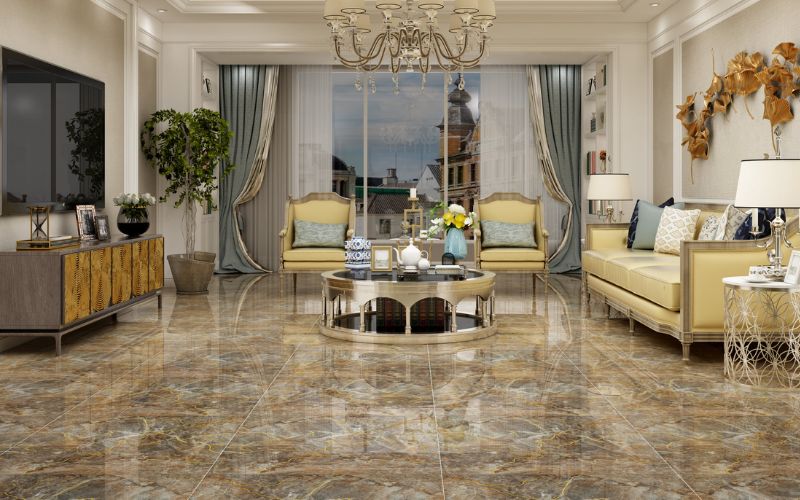 Gạch lát nền đẹp kiểu vân đá marble luôn là lựa chọn hàng đầu giúp tăng tính thẩm mỹ và sang trọng cho không gian phòng khách.