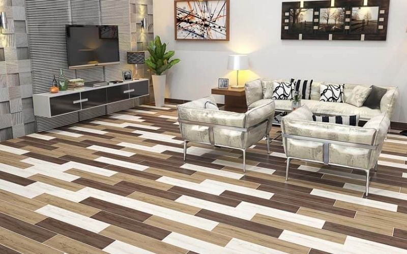 Phong cách lát các tấm gạch có kích cỡ dài và nhỏ phối từ 2-3 màu sắc sẽ tạo sự ấn tượng cho không gian căn phòng khi mới bước vào.