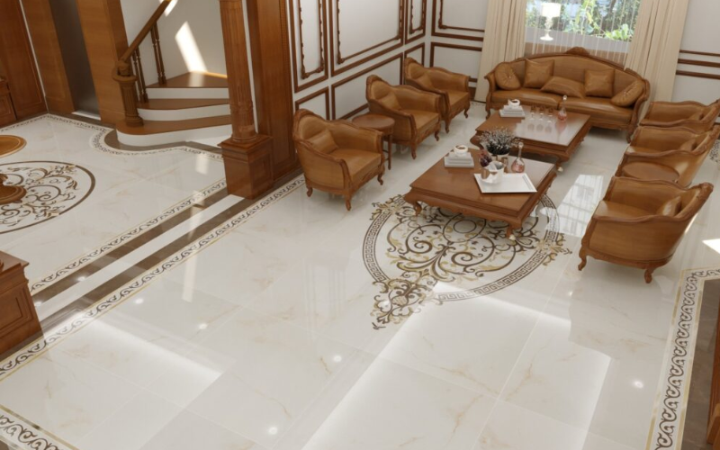 Kiểu gạch thảm với hoa văn cổ điển phong cách châu Âu sẽ giúp không gian phòng khách trở nên sang trọng và lộng lẫy.