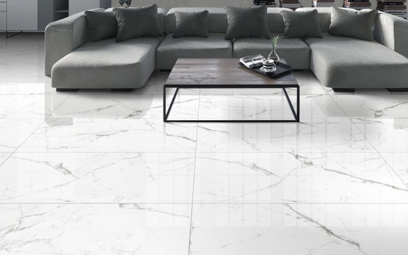 Gạch lát nền màu trắng với điểm nhấn là vân đá màu xám nhạt vừa đơn giản vừa tinh tế đủ để làm nổi bật không gian ngôi nhà.