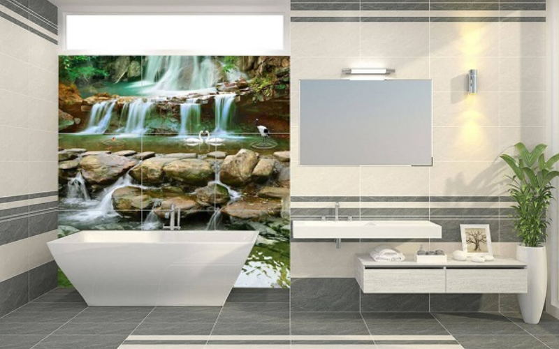 Một số gia chủ cũng chọn trang trí gạch ốp lát họa tiết 3D vào không gian nhà tắm để tạo sự thư giãn, thoải mái.