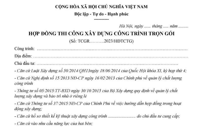 Mẫu hợp đồng xây dựng mới nhất