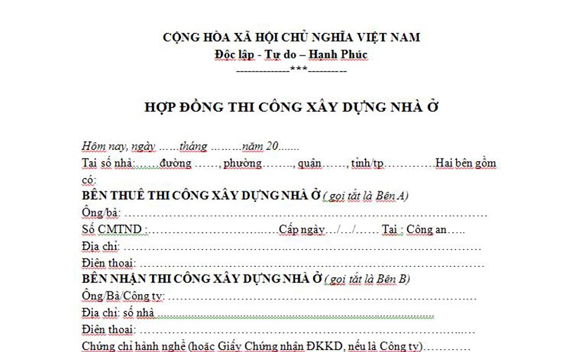 Hợp đồng thi công xây dựng