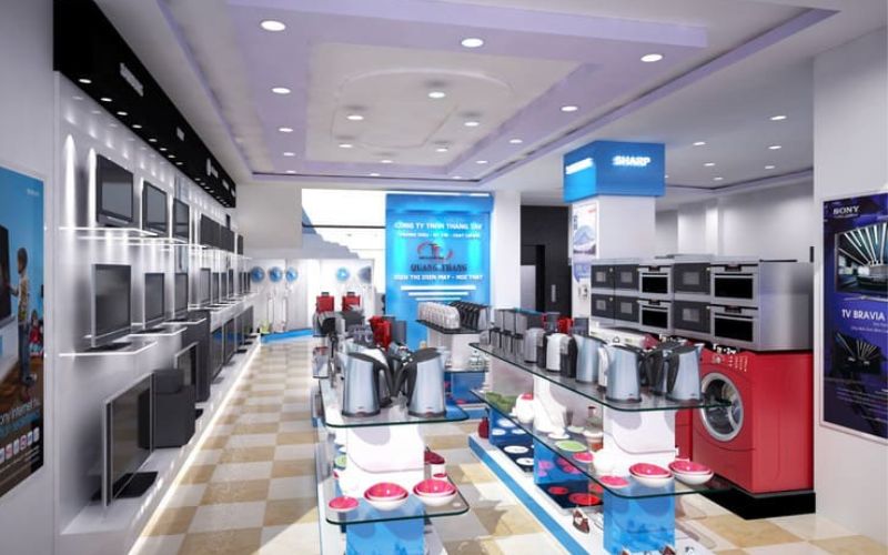 Mẫu thiết kế cửa hàng điện máy đơn giản được chia rõ các không gian trưng bày từng loại sản phẩm khác nhau. 