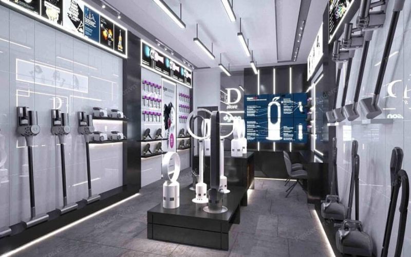 Cửa hàng điện máy với tông màu trắng - đen rất phù hợp với các sản phẩm cửa hàng lựa chọn. Hệ thống chiếu sáng được lắp đặt khoa học giúp gây ấn tượng và tạo điểm nhấn cho cửa hàng. 