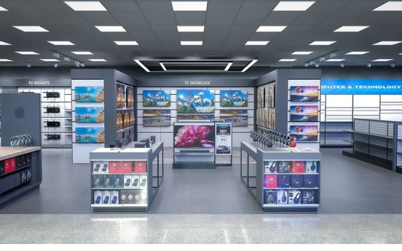 Mẫu cửa hàng điện máy được thiết kế nổi bật với các kệ đứng chia không gian thành các khu vực khác nhau.
