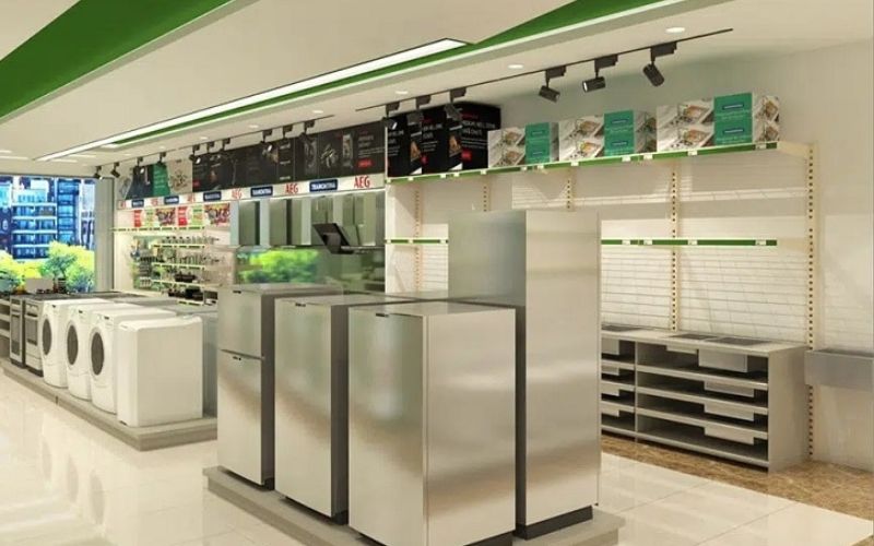 Thiết kế showroom điện máy với không gian nhỏ có thể tận dụng với thiết kế đơn giản, bố trí khoa học. Mẫu thiết kế này bạn có thể trưng bày khá tốt các sản phẩm của mình tới khách hàng. 