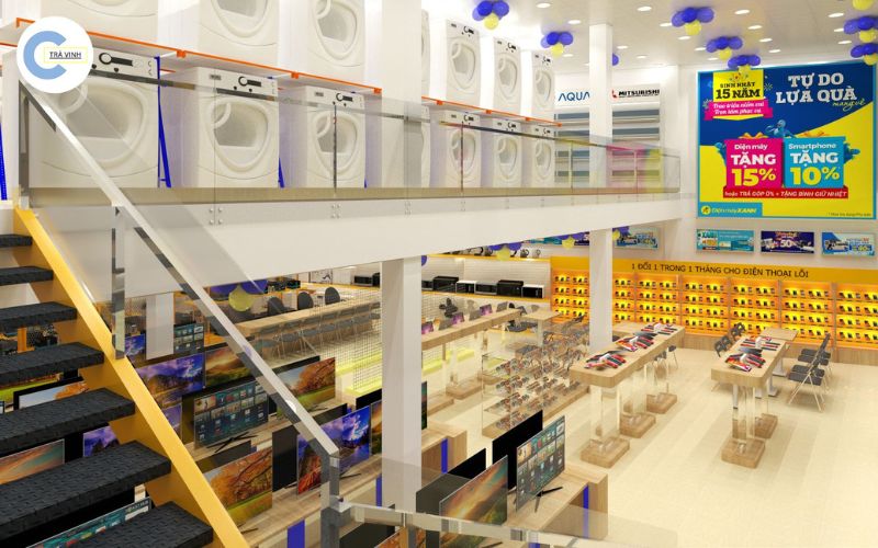 Mẫu thiết kế cửa hàng điện máy hai tầng tạo không gian thoáng đãng mặc dù khá nhiều sản phẩm. Các sản phẩm được bố trí ở các khu vực khác nhau. 