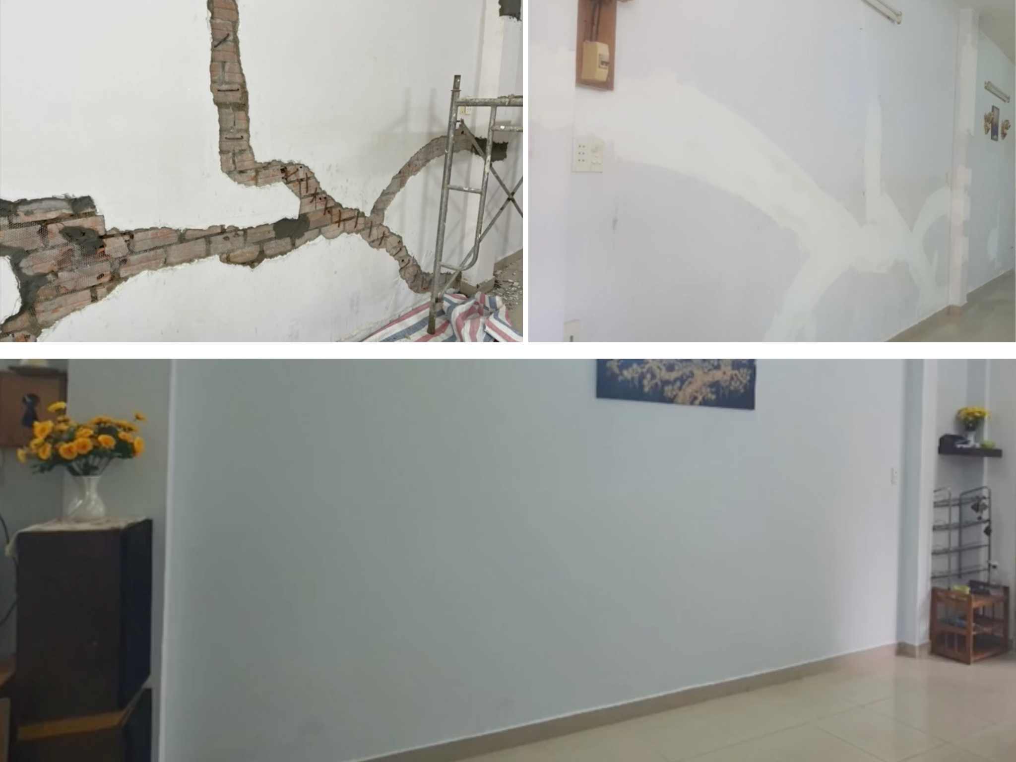 Trà Vinh GC tiến hành trám lại các vết nứt trên tường