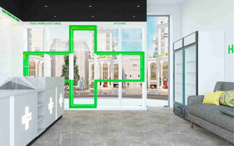 Thiết kế nhà thuốc tạo không gian thông thoáng bằng việc hạn chế sử dụng nhiều kệ tủ trưng bày cồng kềnh. Đồng thời nhà thuốc bố trí khu vực để bệnh nhân có thể ngồi chờ, tương tác với dược sĩ. Nếu không nhiều không gian để trưng bày chậu cây, bạn có thể cân nhắc việc trang trí hình ảnh cây cối quanh không gian nhà thuốc.