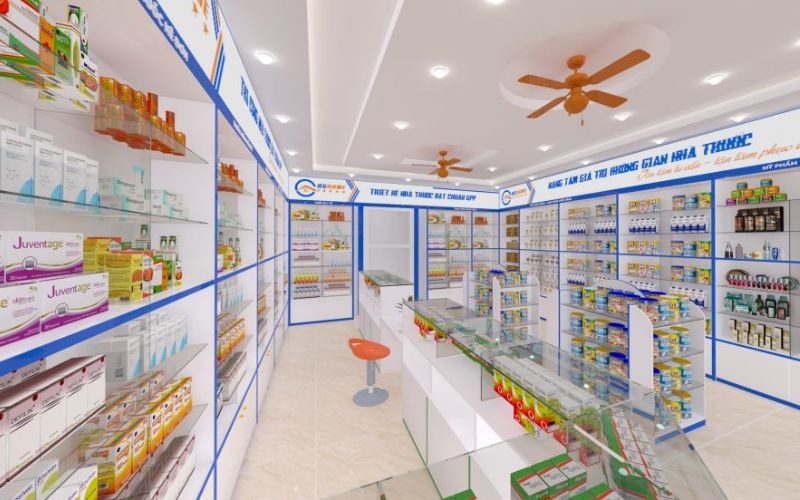 Mẫu thiết kế nhà thuốc kiểu truyền thống chuẩn GPP được ứng dụng rất phổ biến. Điểm nổi bật của thiết kế này là hệ thống kệ tủ bao quanh, từng gian hàng thuốc khác nhau được trưng bày khoa học tạo sự chuyên nghiệp cho cửa hàng.