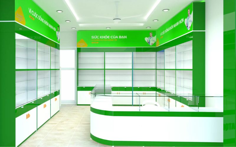 Mẫu thiết kế cửa hàng thuốc tây kiểu truyền thống với tone màu trắng - xanh lá và nội thất tủ kính là sự kết hợp ấn tượng bạn có thể tham khảo. Bạn cũng có thể kết hợp thêm các logo, hình ảnh để dễ dàng nhận diện và giới thiệu sản phẩm đến khách hàng.