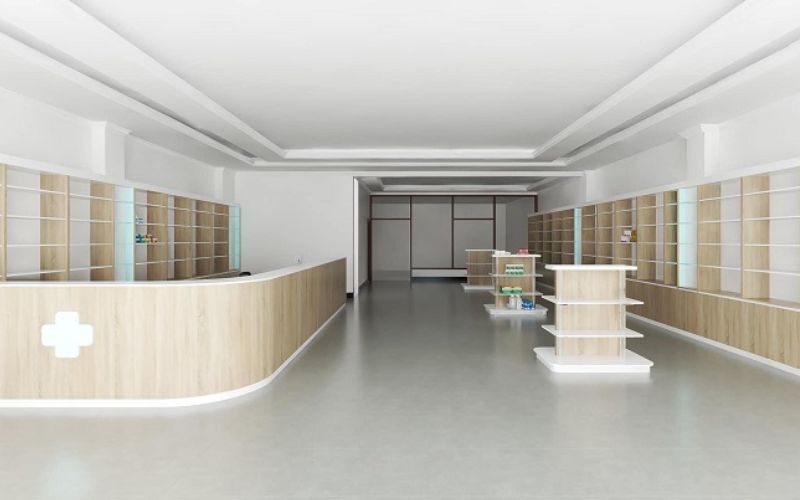 Thiết kế nhà thuốc truyền thống, phong cách đơn giản với gam màu nâu nhạt dịu dàng giúp tạo sự thoải mái, thân thuộc cho khách hàng khi đến tư vấn, mua thuốc.