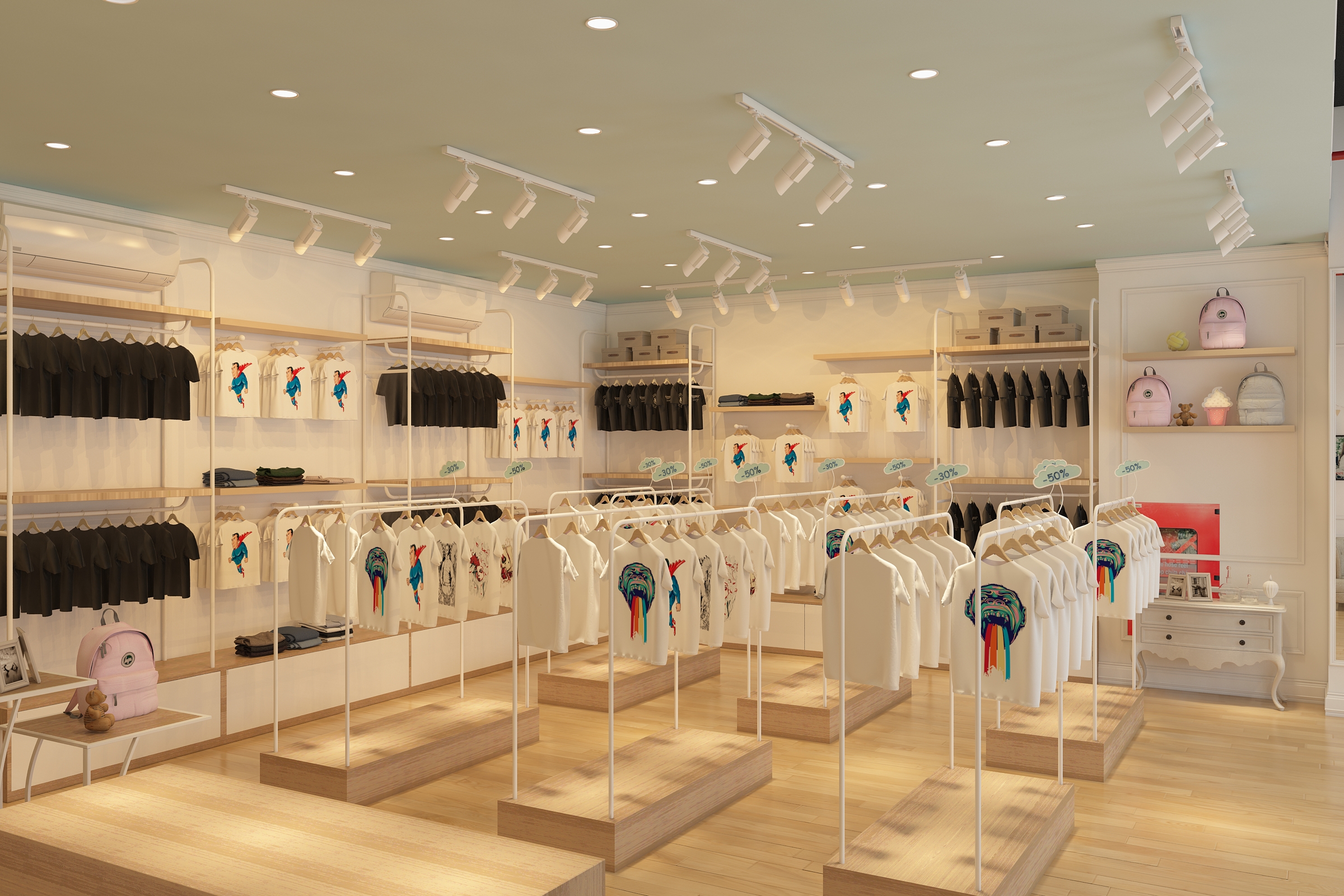 Nếu bạn đang tìm kiếm thiết kế shop thời trang trẻ em đơn giản thì đây là thiết kế dành cho bạn. Cách bày trí đơn giản, tạo cảm giác thoải mái cho khách hàng khi trải nghiệm mua sắm và đặc biệt phù hợp với những không gian nhỏ.
